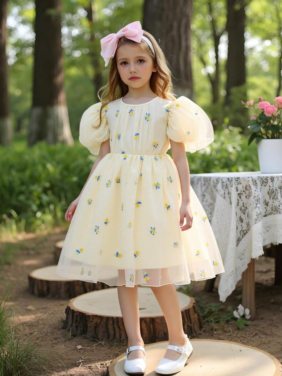 SHEIN Rochie drăguță pentru fete cu broderie florală din plasă cu gât rotund și mânecă bufantă
