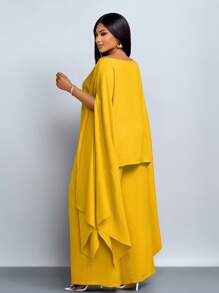 SOLERSUN 大码女装春夏时尚纯色优雅单肩时尚精致短袖不对称下摆斗篷衬衫上衣直筒宽松阔腿裤套装，两件套西装，休闲宽松度假套装女秋装