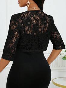 SHEIN Lady Chaqueta ligera con abertura frontal, mangas 3/4 y encaje floral para mujer, atuendo de oficina para otoño/invierno - Negro - Ver 3