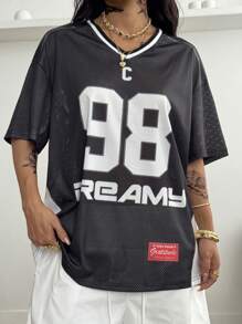 Coolane 女士春夏节日复古街头运动服迷彩数字印花棒球球衣 T 恤 - 黑色 - 查看 4