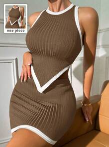 SHEIN PETITE 撞色滚边不对称下摆背心图案T恤女式上衣