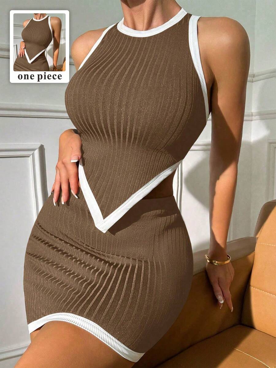 SHEIN PETITE 撞色滚边不对称下摆背心图案T恤女式上衣