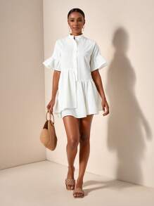 Zivah New Casual Vacation Spring And Summer Small Round Neck Ruffled Sleeves Five-Quarter Sleeves Asymmetric Hem Double-Layer Hem A-Hem Mini Skirt White Wave Stripe Women's Mini Dress-A