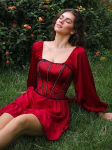 SHEIN 1件女士亮片蕾丝系带蝴蝶结性感抹胸上衣，适合音乐节内衣外穿，圣诞节礼物