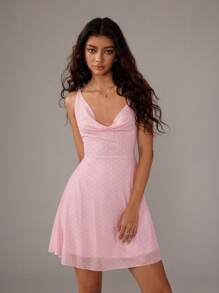 TRNVIE Asymmetric Spaghetti Strap Backless Polka Dot Mesh Mini Dress For Women, Vacation Style, Spring/Summer - Baby Pink - View 3