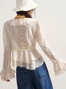 Bohemela Blusa casual de mujer con bordados y volantes en el bajo, de estilo bohemio - Albaricoque - Ver 6