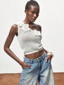 Maija Summer Off-White Elegant Women Handmade Crochet Knitted Tank Top,Handmade Hollow Out Asymmetrical Shoulder Floral Decor Vacation Beach Party Cute Top - White - View 4