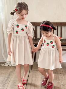 LMoss Kids Young Girls' Woven Solid Color Strawberry Print Slip Dress