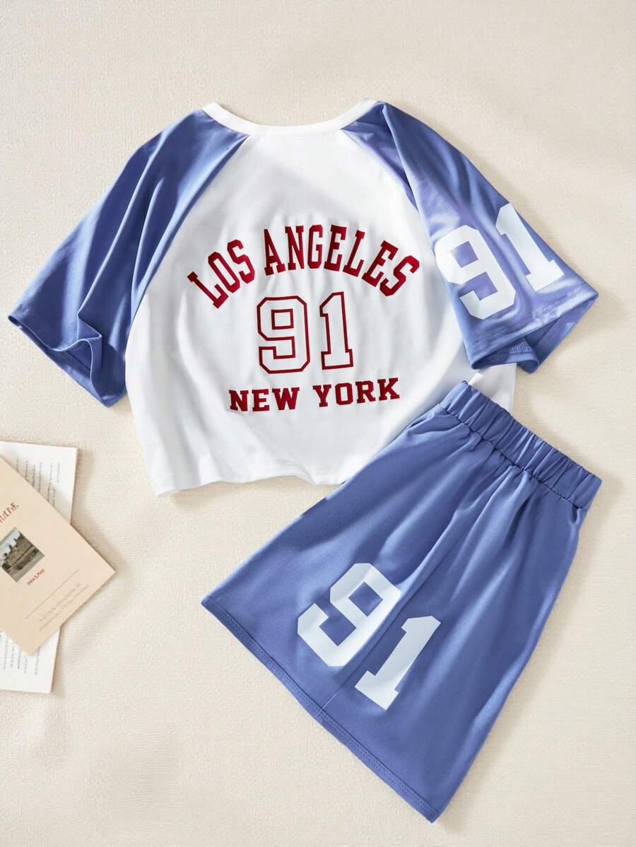 SHEIN 2pcs/Set Teen Girls Sporty Printed Top & Matching Shorts Athletic Outfit - Blue - View 1