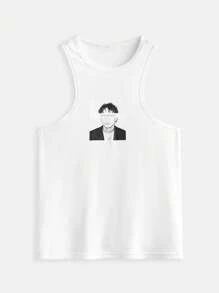 Maija Summer New Music Festival Party Graduation Beach Vacation Attire Brunch Clothing, Cruise Wear, Vintage Boho 90s Retro Street Style Portrait Black & White Print Graphic Tank Top For Men - White - View 8