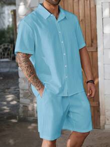 ResortEase Plus Size Men Short Sleeve Solid Shirt & Shorts Set, Cozy Outfits - Baby Blue - View 5