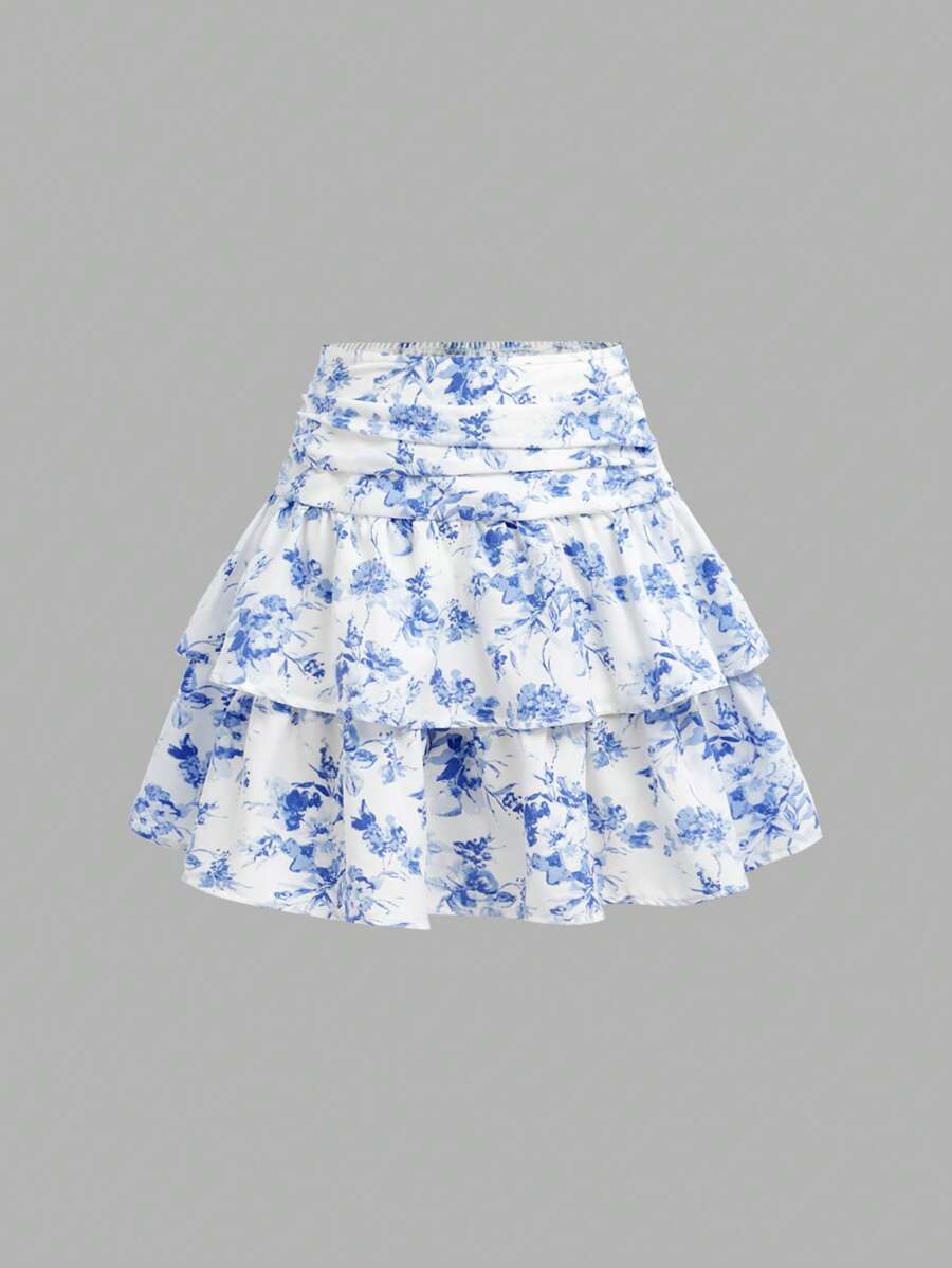 SHEIN Girlism Tween Girls' Casual Floral Pattern Ruffle Hem Mini Skirt, Comfortable & Minimalist - Blue - View 1