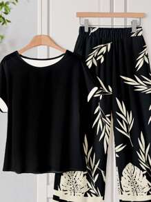 Rusticease 2pcs Women Fitted Solid Round Neck Short Sleeve Top And Botanical Print Pants Set, Versatile, Spring/Summer Island Vacation Outfits Suitable For Going Out - Multicolor - View 2