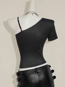 SHEIN ICON Women Y2k Going Out Dragon Print Asymmetrical Neckline Short Sleeve Fashionable T-Shirt,Everyday Wear