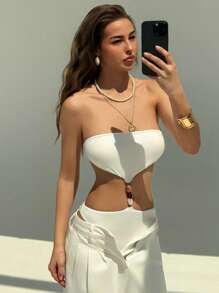Aloruh Romantic Date, Spring/Summer Vacation Beach White Beaded Hollow Out Bodysuit For Women