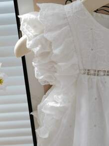 Elladie kids Girls Elegant Round Neck Ruffle Cap Sleeve Hollow Embroidered Cotton Casual Princess Dress, Suitable For Holiday Party, Travel, Birthday Gift, Summer - White - View 5