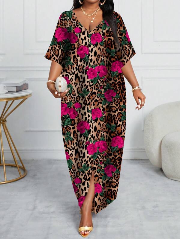 SHEIN Lady Casual Holiday Style Rose Leopard Pattern Plus Size V Neck Long Sleeve Solid Color Patchwork Loose Casual Dress Robe Clothing Clothing,Summer Outfits For Women,Sun Dresses For Women