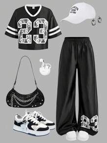 SHEIN Girlism Tween Girls Casual Street Style V-Neck Loose Dropped Shoulder Printed T-Shirt And Wide Leg Pants 2 Pieces Set - Black - View 1