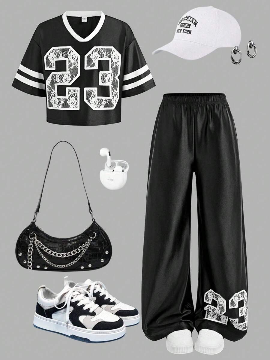 SHEIN Girlism Tween Girls Casual Street Style V-Neck Loose Dropped Shoulder Printed T-Shirt And Wide Leg Pants 2 Pieces Set - Black - View 1