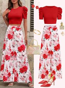 Ellevyn 2 Stücke Damen Set aus Pullover mit Blume Muster, Rundhalskragen und Puffärmeln sowie weiten Hosen, romantisch und elegant für den täglichen Gebrauch - Rot - Übersicht 1