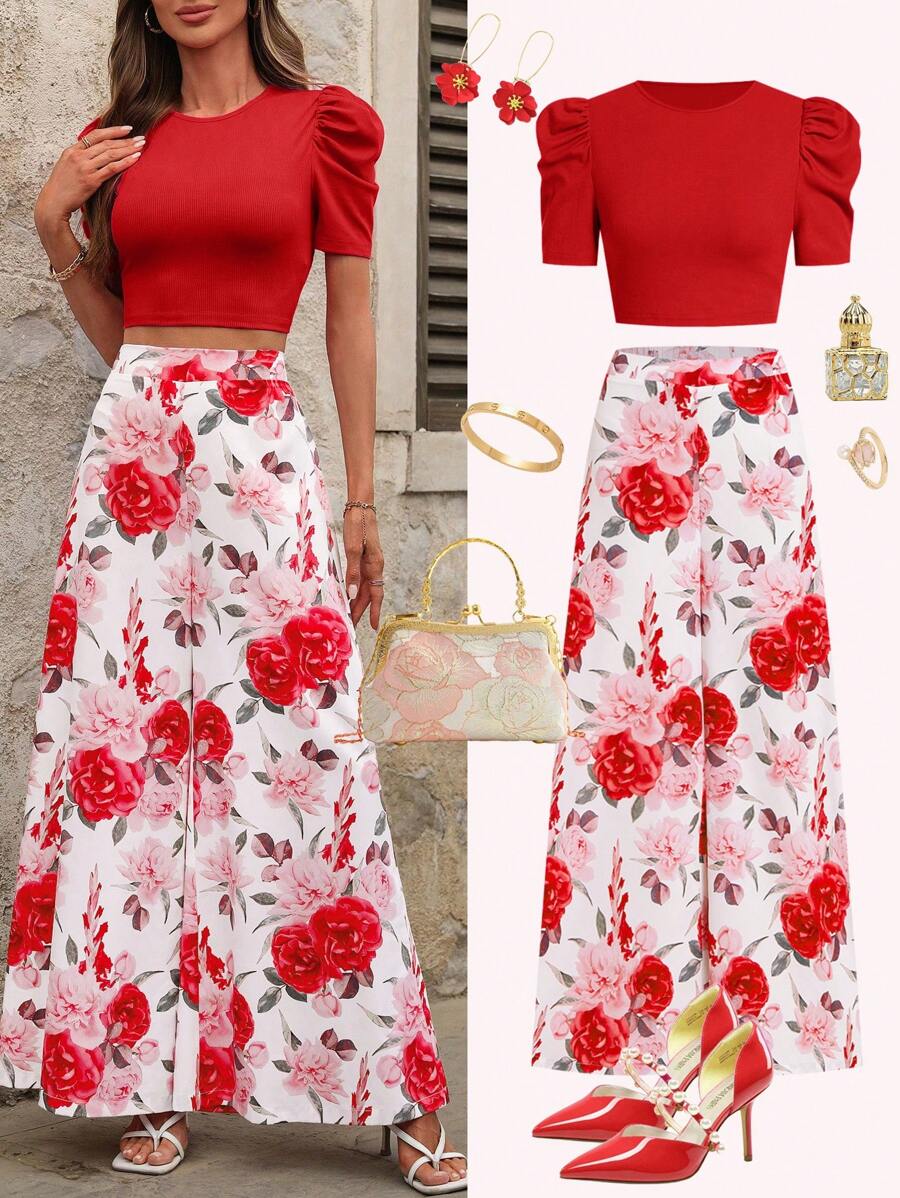 Ellevyn 2 Stücke Damen Set aus Pullover mit Blume Muster, Rundhalskragen und Puffärmeln sowie weiten Hosen, romantisch und elegant für den täglichen Gebrauch - Rot - Übersicht 1