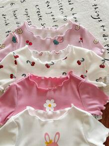 SHEIN LMoss Kids 4pcs Newborn Baby Girl Cute Knitted Rabbit & Ditsy Floral Short Sleeve Bodysuit Set, Summer Graphic