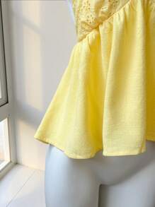 Comfortcana Women's Butter  Yellow Linen V-Neck Halter Neck Tank Top For Summer Vacation - Yellow - View 5