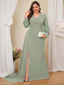 Coutiva Đầm bó sát đính hạt và vải chắp vá màu xanh lam thanh lịch cỡ lớn - Màu xanh Bạc hà - Xem 3