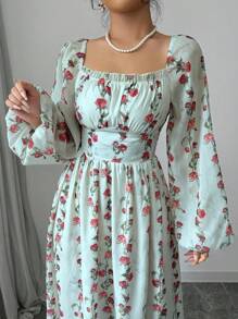 Modelyn 女士优雅竖条纹花卉方领收腰 A 字连衣裙，春夏 - 彩色 - 查看 3