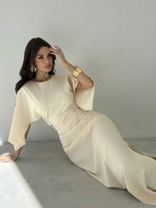 Firerie Đầm dự tiệc, tốt nghiệp, sự kiện trang trọng đơn giản thanh lịch dành cho nữ - Màu vàng nhạt trơn, tay áo choàng, nhún eo, viền xẻ - Vàng nhạt - Xem 5