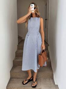 Easowa 圆领无袖收腰褶饰 A 字中长连衣裙，蓝白条纹，女士休闲度假优雅外套 - 藍色 - 查看 7