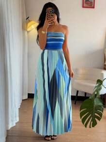 Selianne 女士优雅露肩紧身印花褶饰腰部连衣裙 - 彩色 - 查看 5