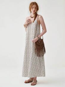 Florisole V-Neck Casual Bohemian Style Graphic Print Dress - White - View 7