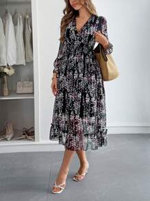 SHEIN Tall 碎花印花荷叶边袖荷叶边下摆连衣裙