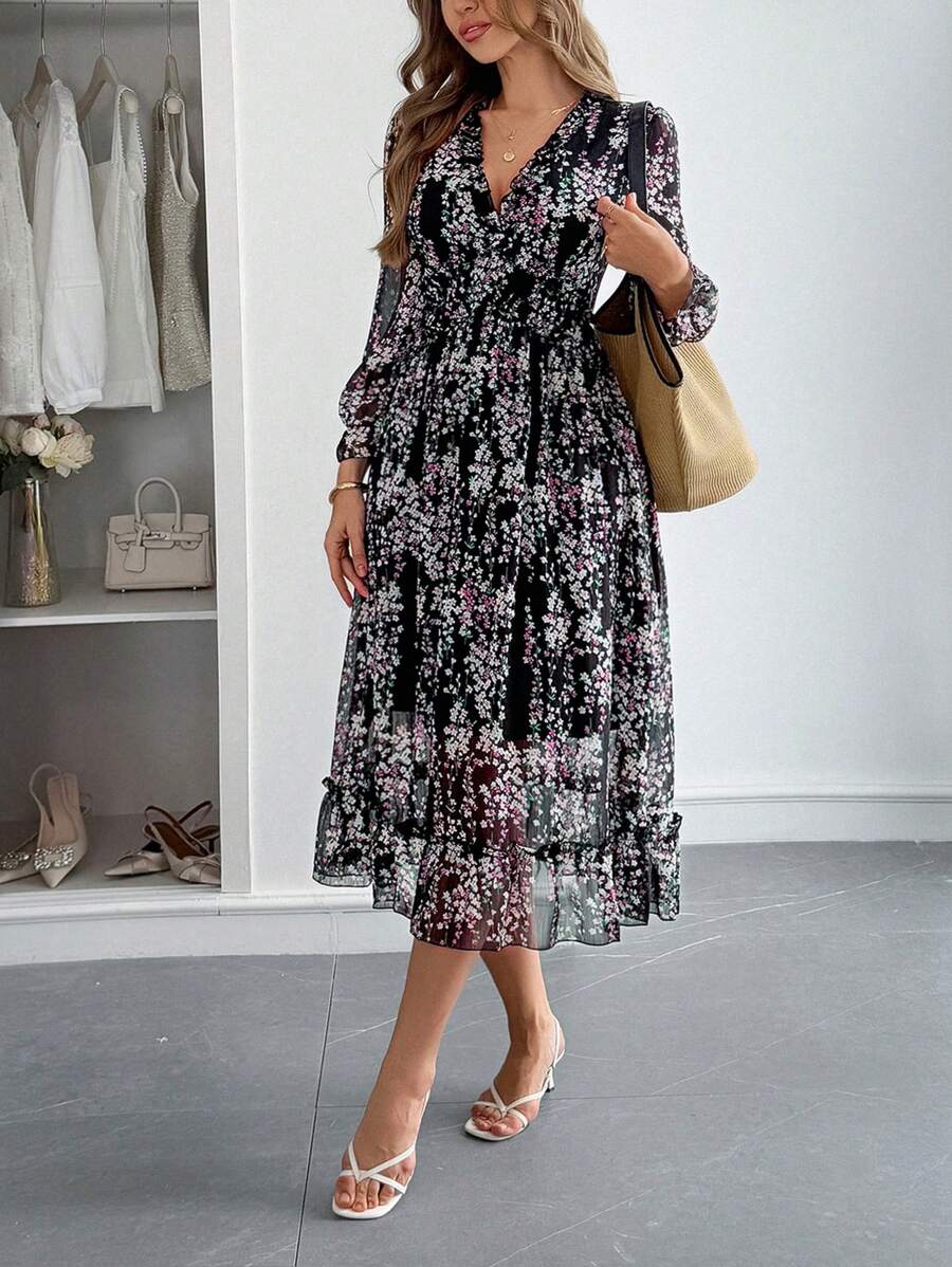 SHEIN Tall 碎花印花荷叶边袖荷叶边下摆连衣裙