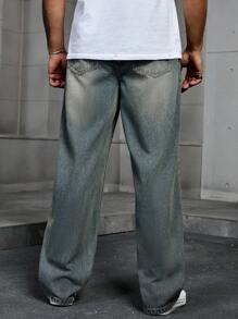 Manfinity Homme 大码男士休闲宽松口袋直筒牛仔裤 - 深色水洗藍 - 查看 2