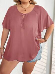 SHEIN CURVE+ Plus Size Women's Elegant Black Tie Collar Raglan Short Sleeve Loose Blousebeach Outfits For Woman/Beach Dress/Beach Vacation Outfits/Beach Essentials / Graduation/Tea Party Dresssummer/Country/Beach Vacation Outfits/Beach Outfits/Beach Wear