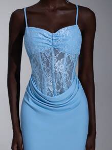 Elitara 优雅、浪漫、性感、蓝色、针织弹力面料、蕾丝拼接、露肩、低胸领口、收腰、褶皱、拖尾、鱼尾下摆、前开衩、派对、生日、约会、节日、婚礼、庆典、正式晚礼服 - 藍色 - 查看 7