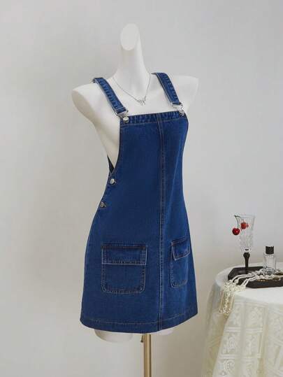 SHEIN MOD Women's Casual Denim Bib Overall Dress,Navy Blue,Summer,School,Back-To-School,4th Of July Graduation Outfits,Business Work Clothes,Old Money,Airport