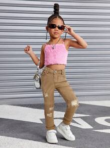 SHEIN Denim Stretch Denim Desgastados Denim para Meninas Jovens, Roupas Legais de Outono e Inverno para Meninas no Dia de Ação de Graças - Damasco - Visão 3