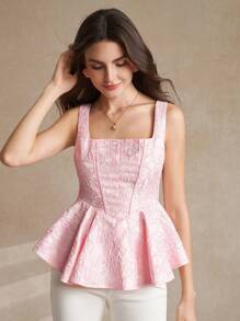 Amorya Áo crop top liền mạch họa tiết hoa jacquard màu hồng dành cho nữ, cổ vuông và viền xếp nếp - Hồng - Xem 3