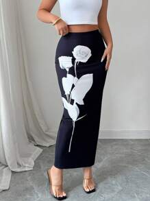 Elenzga Chân váy ôm sát in hoa thanh lịch dành cho nữ, chất liệu mùa hè thu. - màu đen - Xem 8