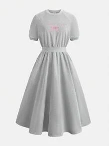 Vestido largo plegado con cintura marcada, cuello redondo, letras y decoración de lazo para adolescentes/niñas, vestido de verano casual de punto cómodo - Gris - Ver 3