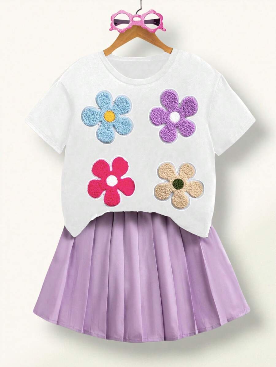 Tween Girls Embroidered Patch Colorful Flower Decor T-Shirt And Skirt 2 Pieces Set, Cute Casual, School, Campus, College - White - View 1
