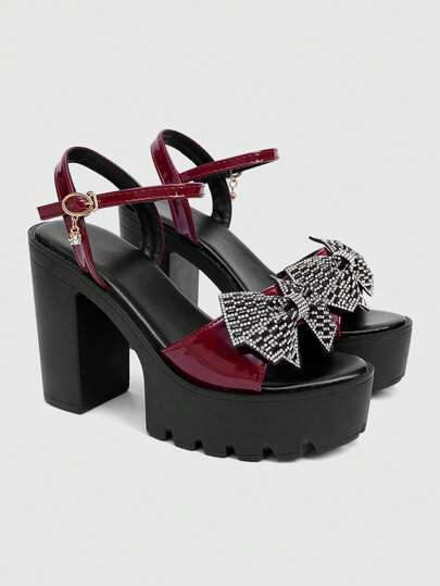 Kawaii Wine Red & Black Color Block Thick Sole High Heel Sandals With Rhinestone Bowknot Accent, Chunky Heel Design, Fashionable &