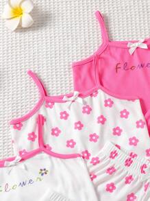 SHEIN Playful Pals 8 件套女婴新生儿/幼儿可爱休闲条纹针织背心和短裤套装，适合春夏季日常穿着，0-3 岁 - 玫紅色 - 查看 5