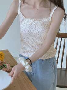 DAZY Top de tirantes de encaje y malla con estampado floral diminuto para mujer