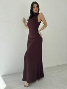 Firerie Women's Elegant Asymmetrical Shoulder Cinched Waist A-Line Sleeveless Knit Long Dress, Purple Red, Suitable For Vacation, Beach, Party Business Casual Woman,Bodycon Dress,Graduation,Teacher Outfits For Women,Teacher Dress