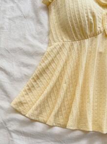 Soleia Women's Vacation Yellow Knitted Textured V-Neck Bowknot Blouse, Casual Wear For Dates, Afternoon Tea, Beach, Cruise, Road Trips, Music Festivals - Yellow - View 5