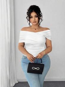 Elenzga Plus Size Women's Off Shoulder Criss-Cross Front Ruched Waist Slimming Dress, Suitable For Outing, Dates, Gatherings With Friends, Casual Occasions, Park Picnics, Commuting, Shopping, Etc. Comfortable Fabric, Stylish Design, Great Value